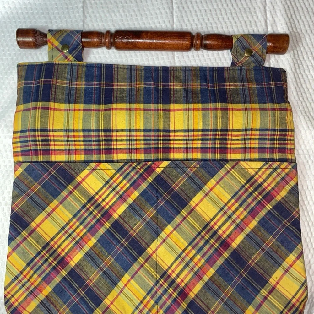 Vintage Granny Core purse/tote Yellow and blue plaid With Wooden Handle - Picture 4 of 7